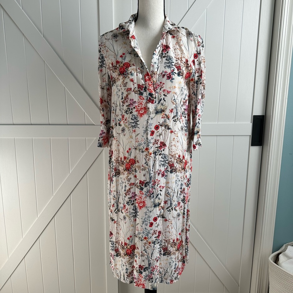 Zara Woman Cream Floral Midi Shirt Dress Size Small Viscose